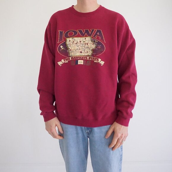 Vintage '90S Iowa The Hawkeye State Maroon Map Cotton Crewneck Sweater XL - Picture 1 of 10